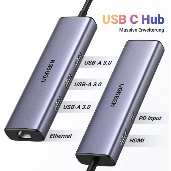 Фото - Хаб USB UGREEN CM512 USB-C to 3xUSB 3.0+HDMI+RJ45 Gigabit +PD Space Gray (15598)